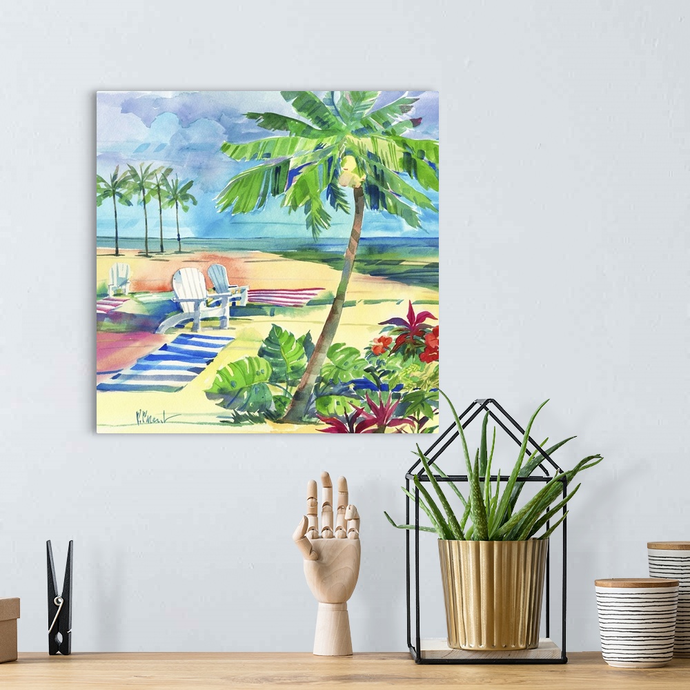 A bohemian room featuring Square watercolor painting of a relaxing beach scene with beach chairs and towels set up in the s...