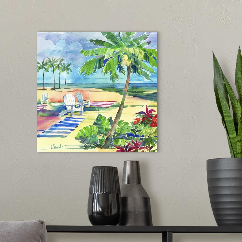 A modern room featuring Square watercolor painting of a relaxing beach scene with beach chairs and towels set up in the s...