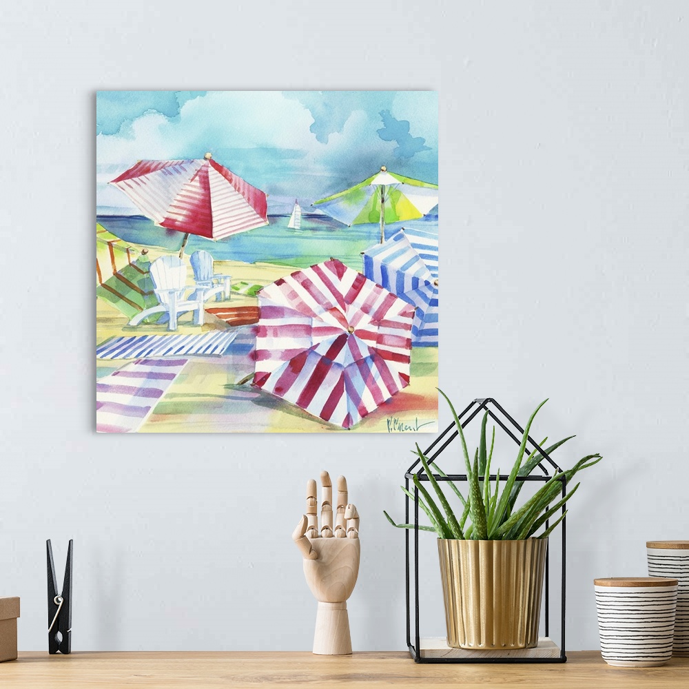 A bohemian room featuring Square watercolor painting of a relaxing beach scene with beach towels, chairs, and umbrellas set...