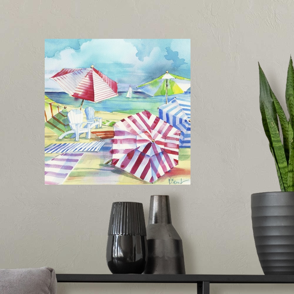 A modern room featuring Square watercolor painting of a relaxing beach scene with beach towels, chairs, and umbrellas set...