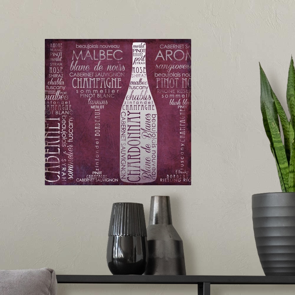 A modern room featuring Typography artwork of wine-themed words arranged to from wine bottles and glasses.