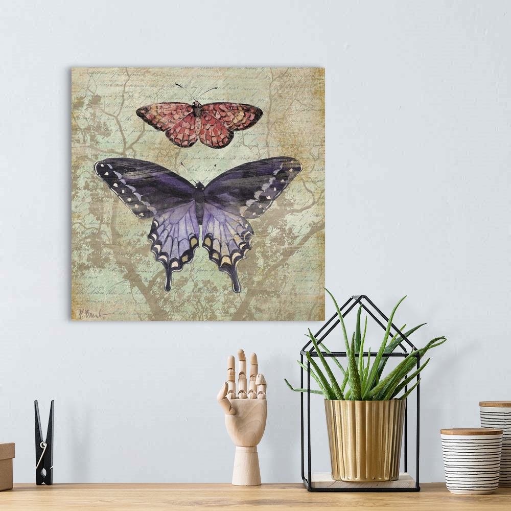 A bohemian room featuring Square panel with two butterflies over handwritten text and silhouettes of branches, done in a vi...