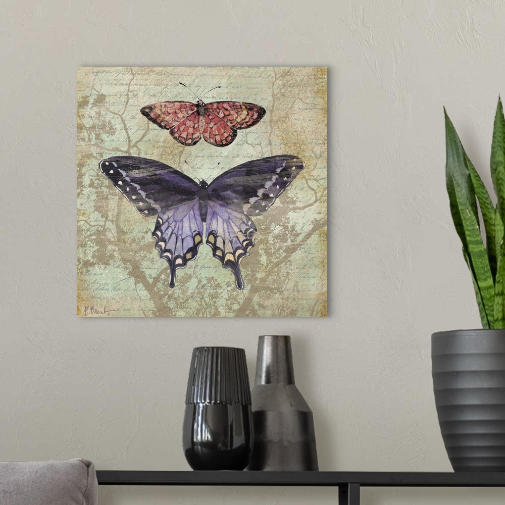 A modern room featuring Square panel with two butterflies over handwritten text and silhouettes of branches, done in a vi...