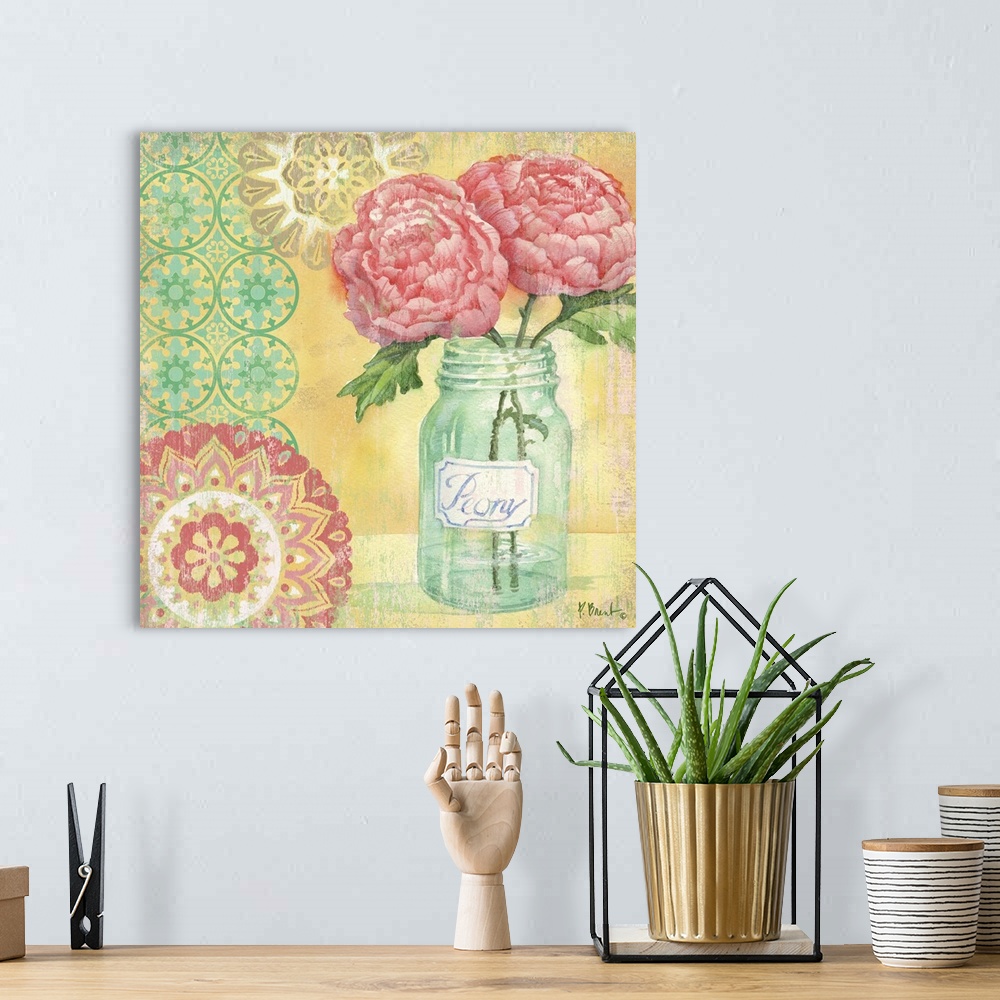 A bohemian room featuring Contemporary decorative artwork of peonies in a mason jar with bright floral patterns.