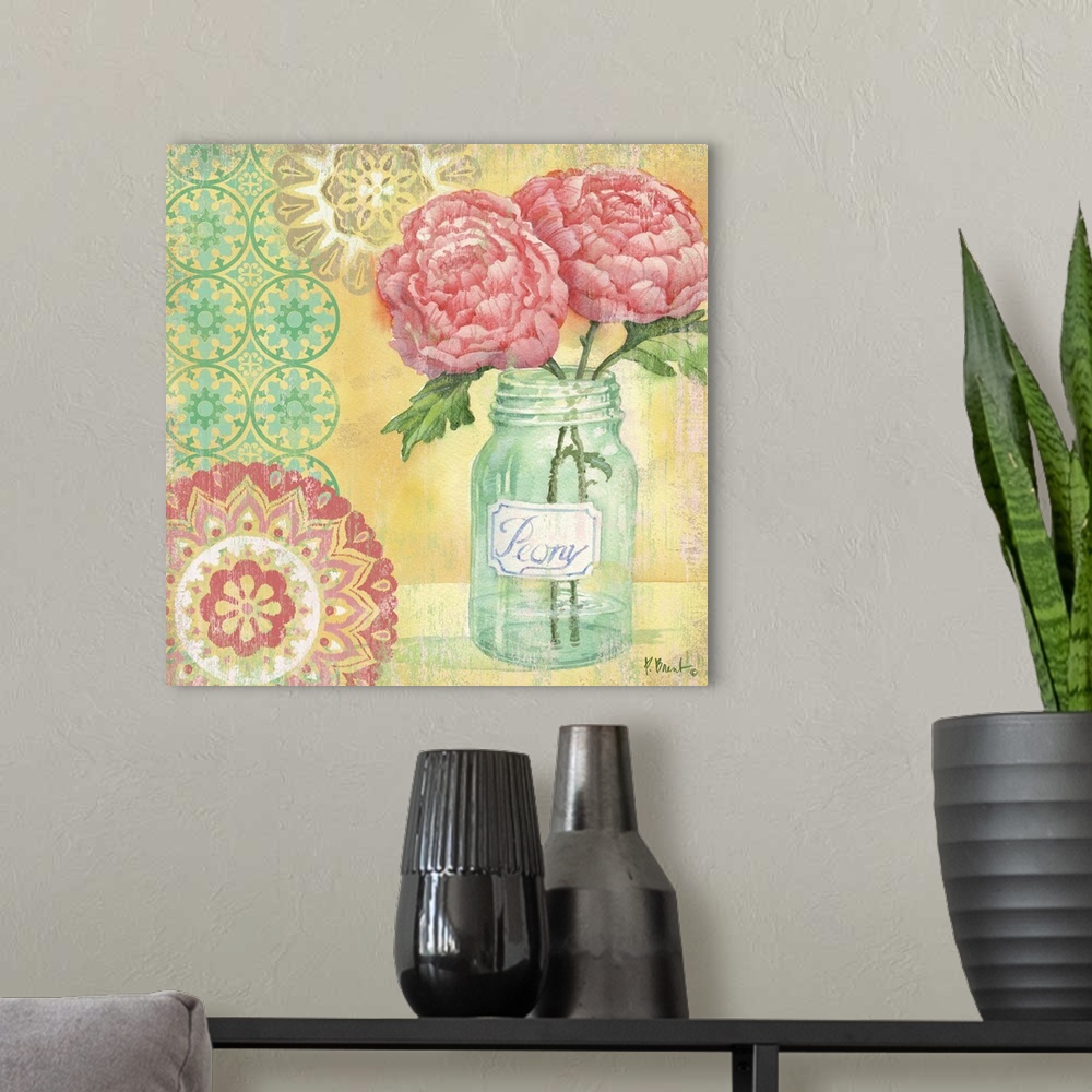 A modern room featuring Contemporary decorative artwork of peonies in a mason jar with bright floral patterns.