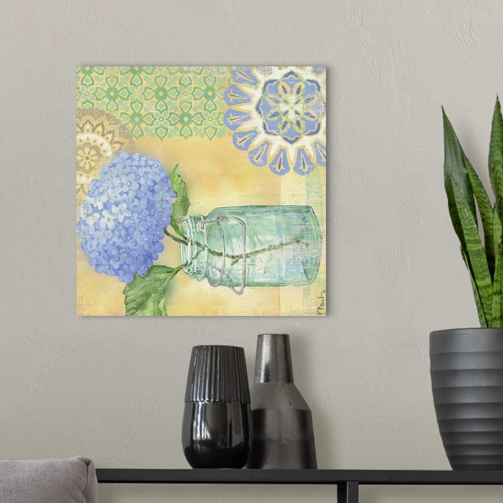 A modern room featuring Contemporary decorative artwork of hydrangeas in a mason jar with bright floral patterns.