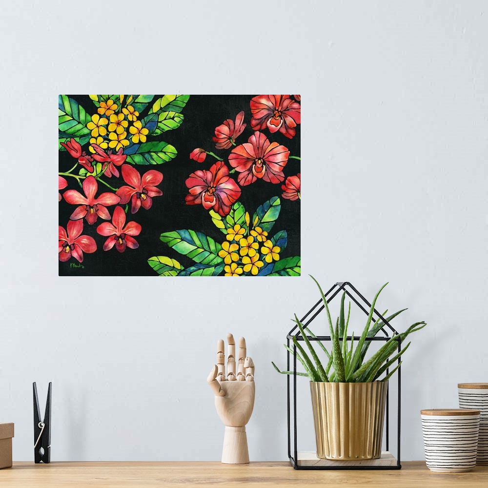 A bohemian room featuring Contemporary painting of red and yellow flowers with green and blue leaves on a solid black backg...