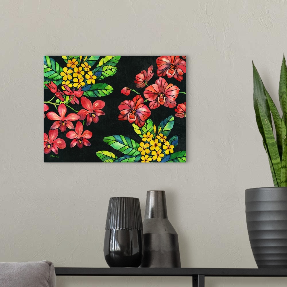 A modern room featuring Contemporary painting of red and yellow flowers with green and blue leaves on a solid black backg...