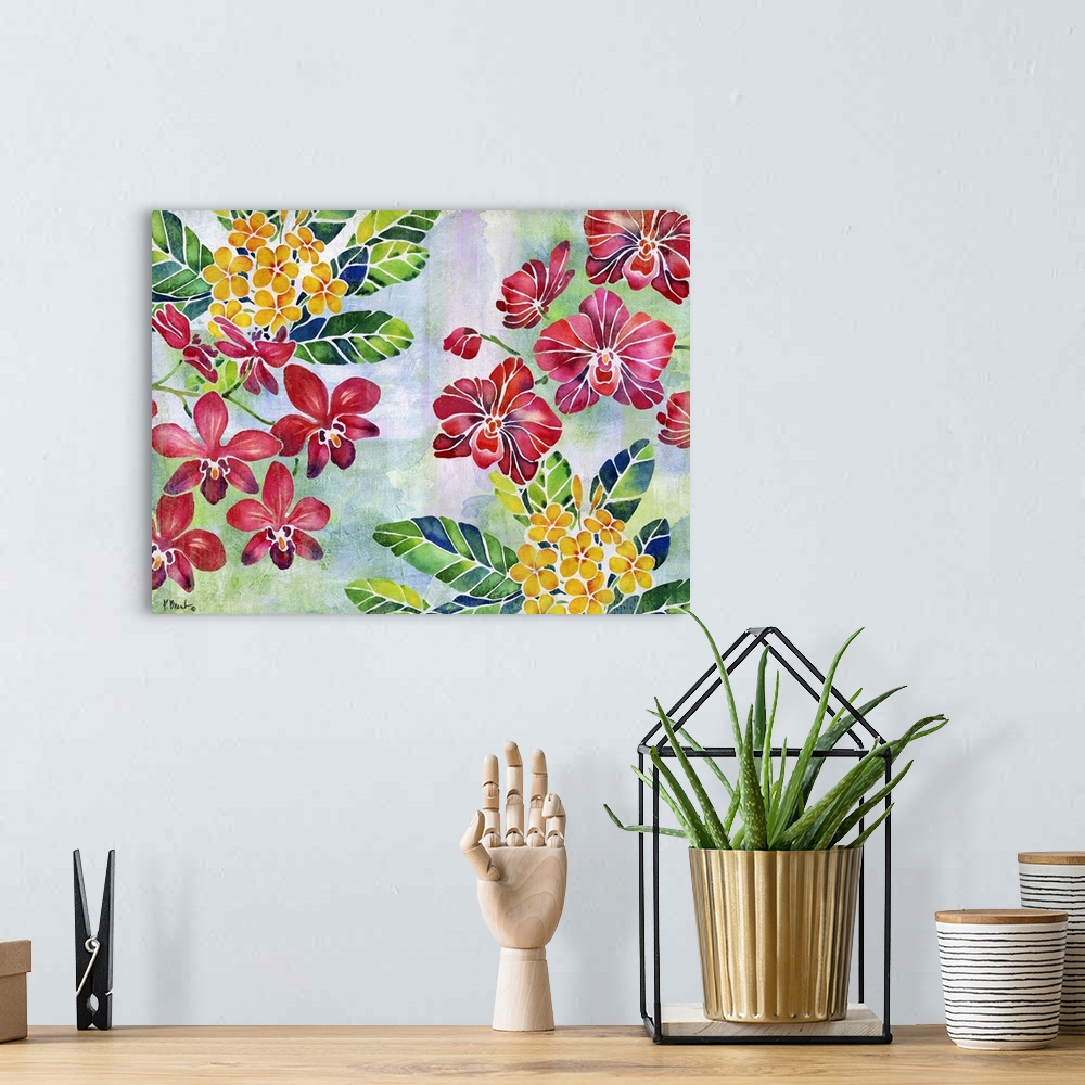 A bohemian room featuring Contemporary painting of red and yellow flowers with green and blue leaves on a faded blue, green...