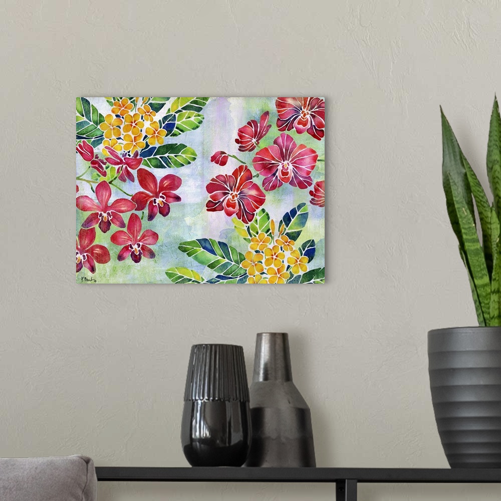 A modern room featuring Contemporary painting of red and yellow flowers with green and blue leaves on a faded blue, green...