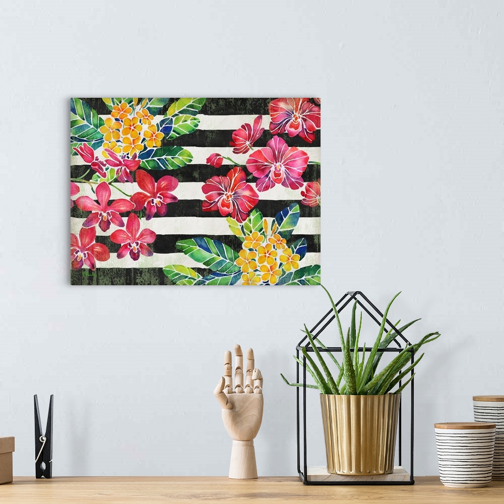 A bohemian room featuring Contemporary painting of red and yellow flowers with green and blue leaves on a black and white s...