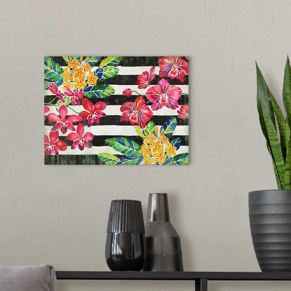 A modern room featuring Contemporary painting of red and yellow flowers with green and blue leaves on a black and white s...