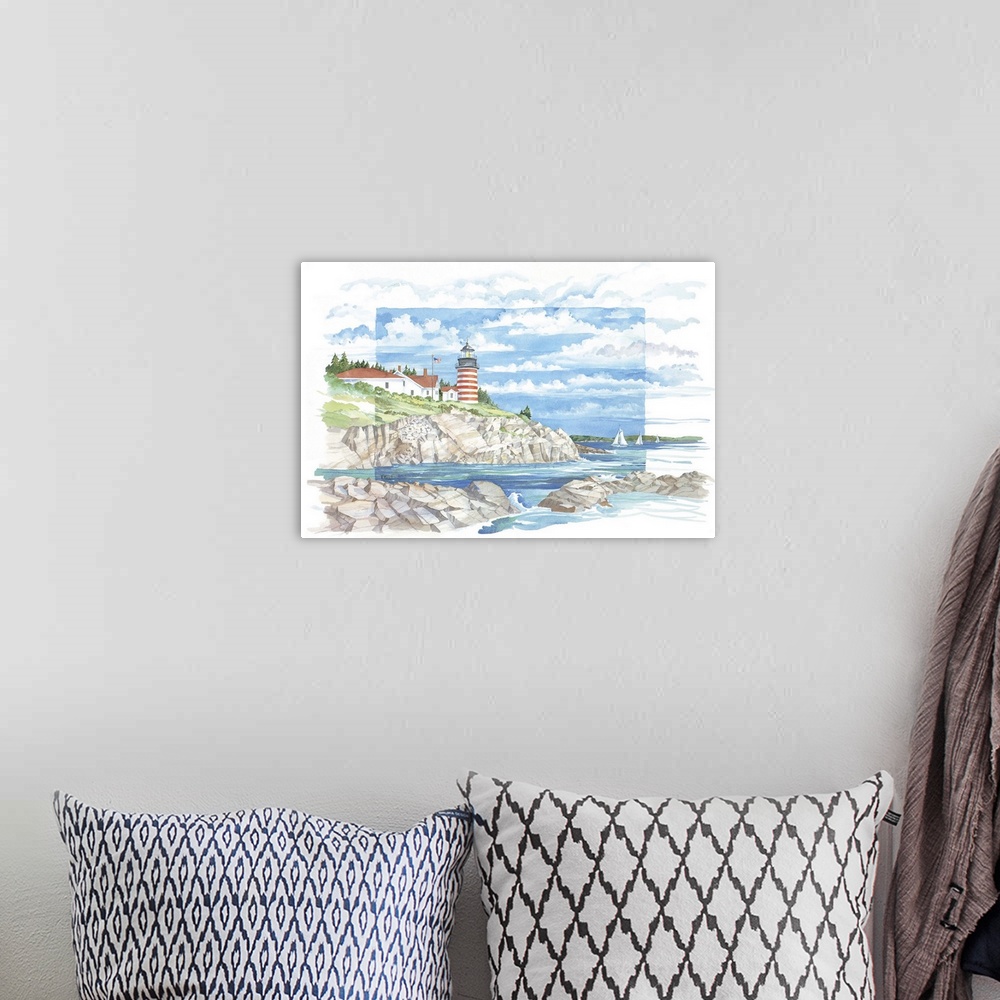 A bohemian room featuring Watercolor painting of the West Quoddy Lighthouse on the New England coast of Lubec, Maine.