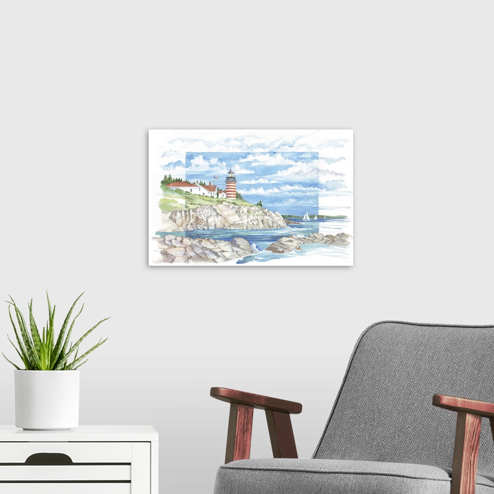 A modern room featuring Watercolor painting of the West Quoddy Lighthouse on the New England coast of Lubec, Maine.