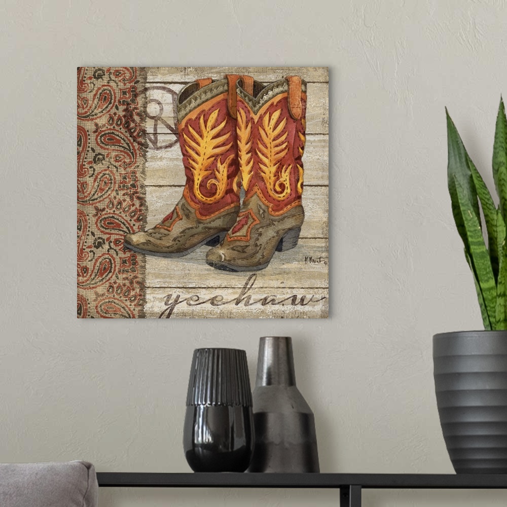 A modern room featuring A pair of fancy leather cowboy boots on wood paneling.
