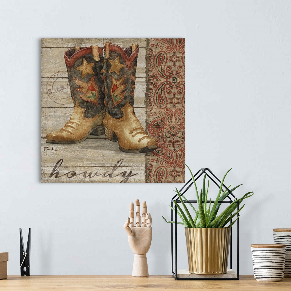 A bohemian room featuring A pair of fancy leather cowboy boots on wood paneling.
