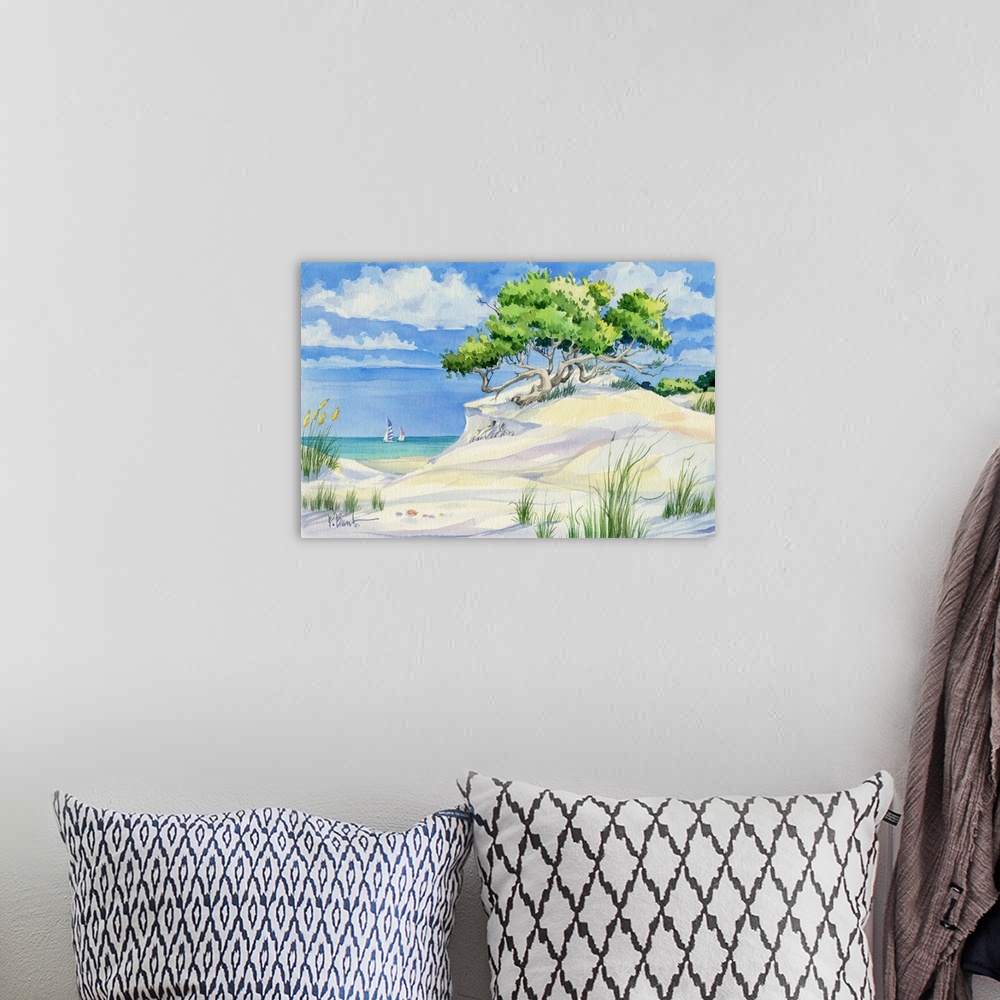 A bohemian room featuring Painting of a sandy beach with trees growing in the dunes.