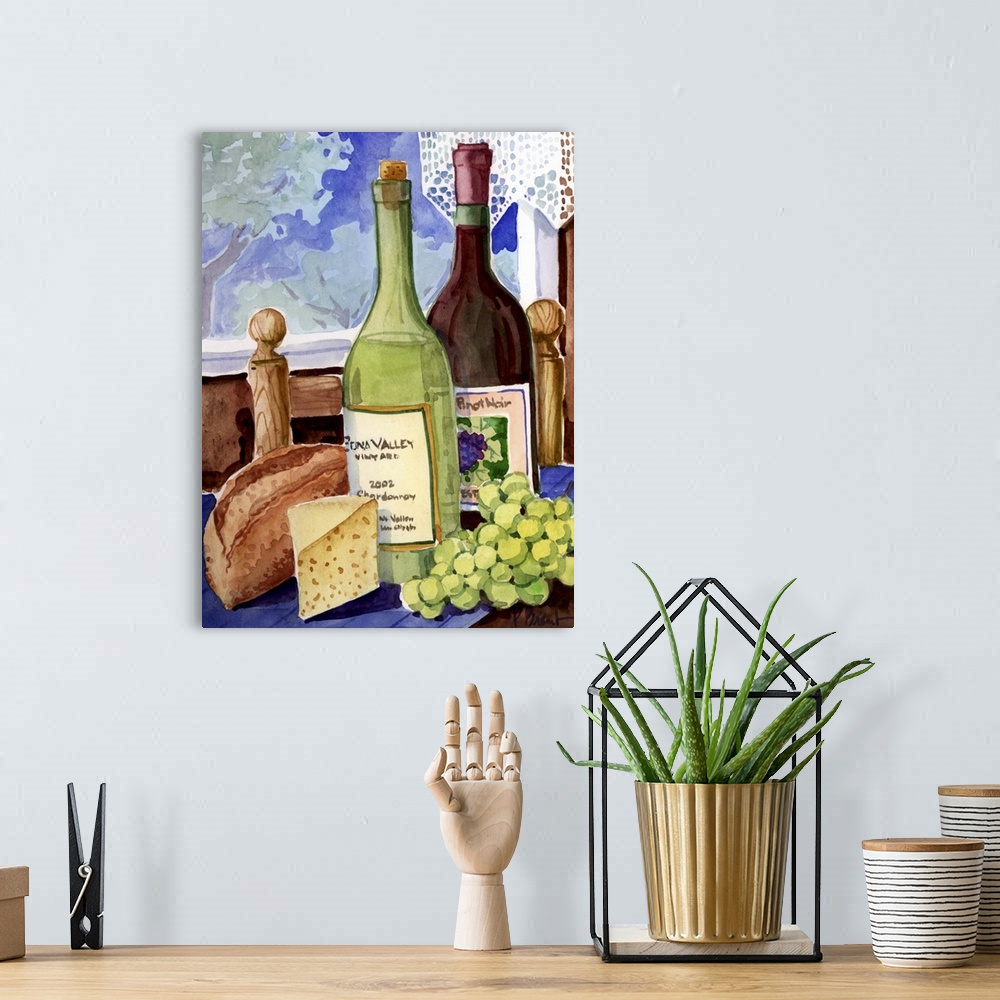 A bohemian room featuring Contemporary painting of two wine bottles, grapes, cheese, and bread on a table by a window.
