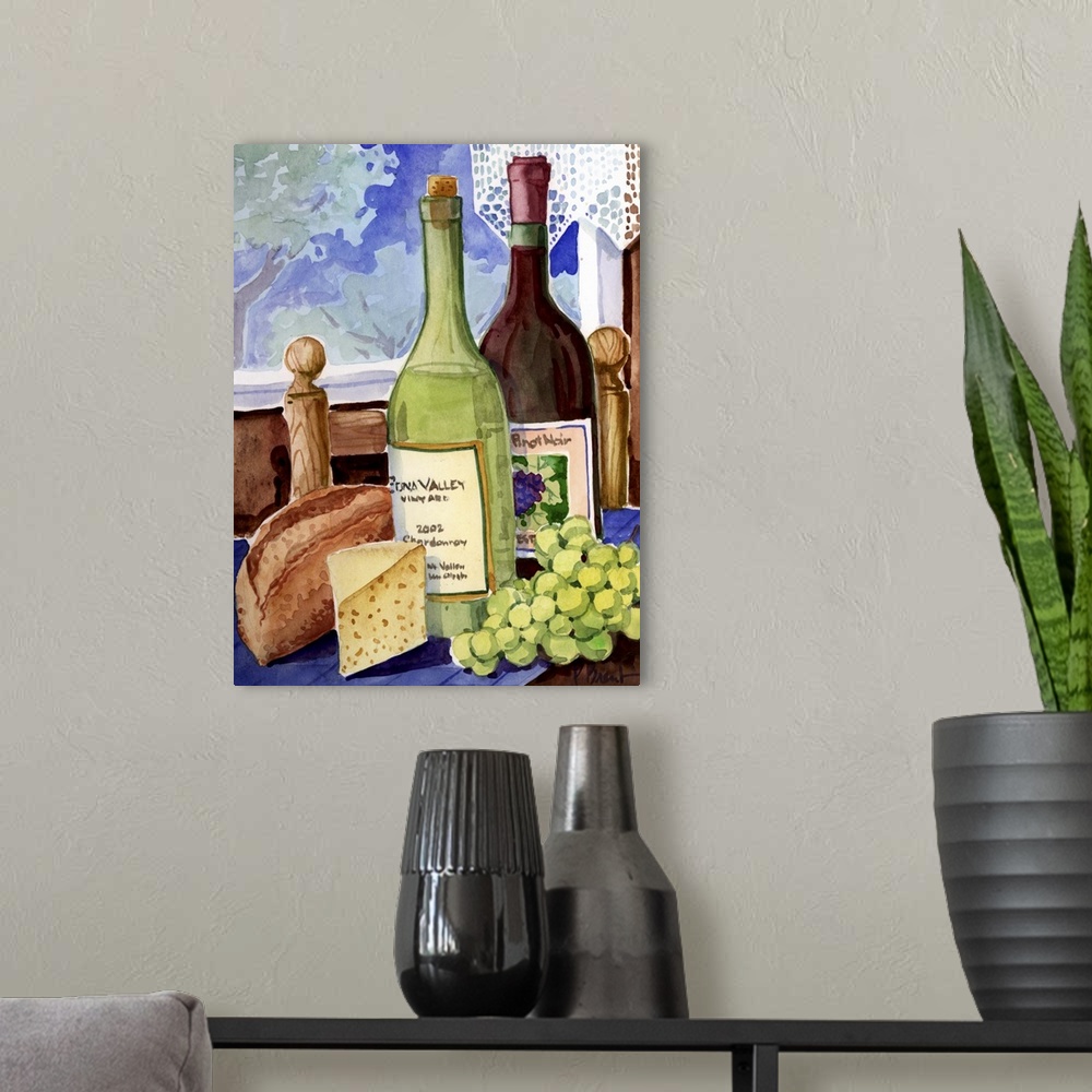 A modern room featuring Contemporary painting of two wine bottles, grapes, cheese, and bread on a table by a window.