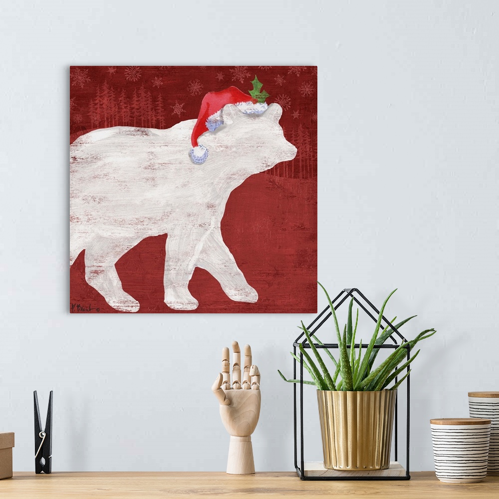 A bohemian room featuring White silhouette of a bear wearing a Santa hat on a red forest backdrop.