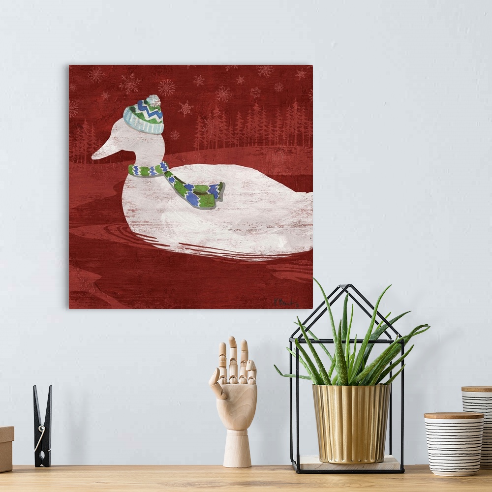 A bohemian room featuring White silhouette of a duck wearing a hat and scarf on a red forest backdrop.