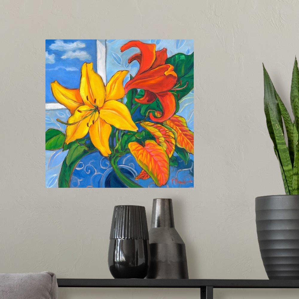 A modern room featuring Still life painting of an arrangement of lilies and leaves.