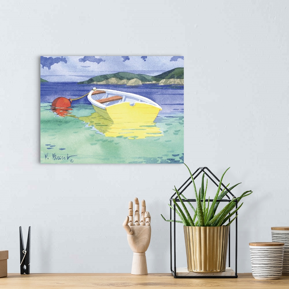 A bohemian room featuring Contemporary painting of a single yellow rowboat tied to a buoy in the water.