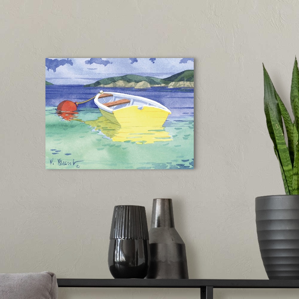 A modern room featuring Contemporary painting of a single yellow rowboat tied to a buoy in the water.