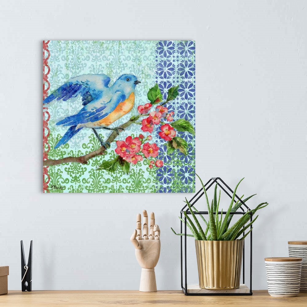 A bohemian room featuring Square painting of a bluebird perched on a branch with pink flowers and green leaves on a pattern...