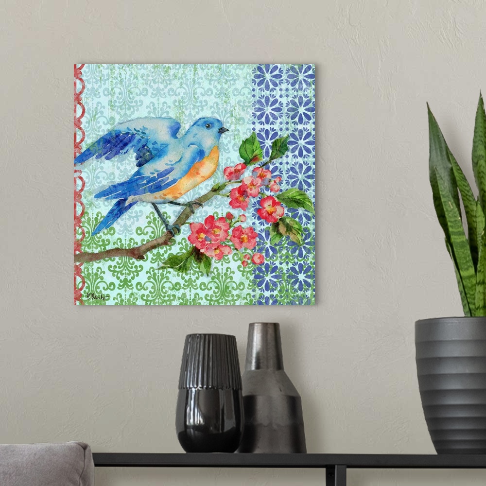 A modern room featuring Square painting of a bluebird perched on a branch with pink flowers and green leaves on a pattern...