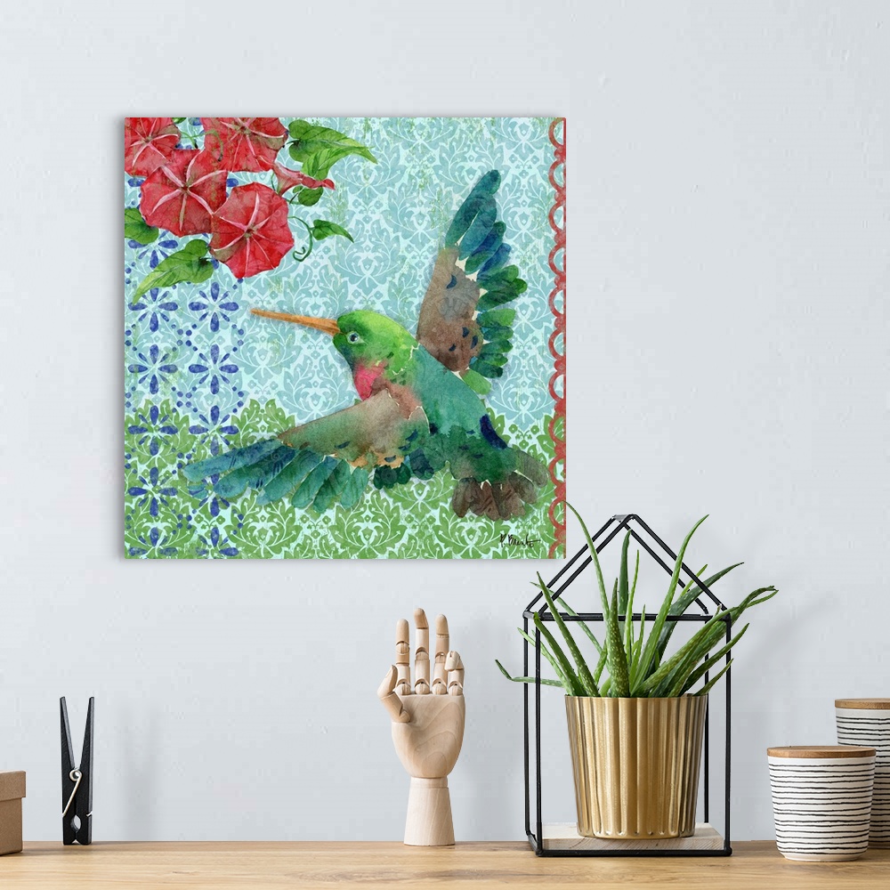 A bohemian room featuring Square watercolor painting of a hummingbird in flight going towards pink flowers on a blue and gr...