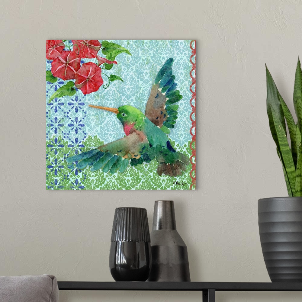 A modern room featuring Square watercolor painting of a hummingbird in flight going towards pink flowers on a blue and gr...