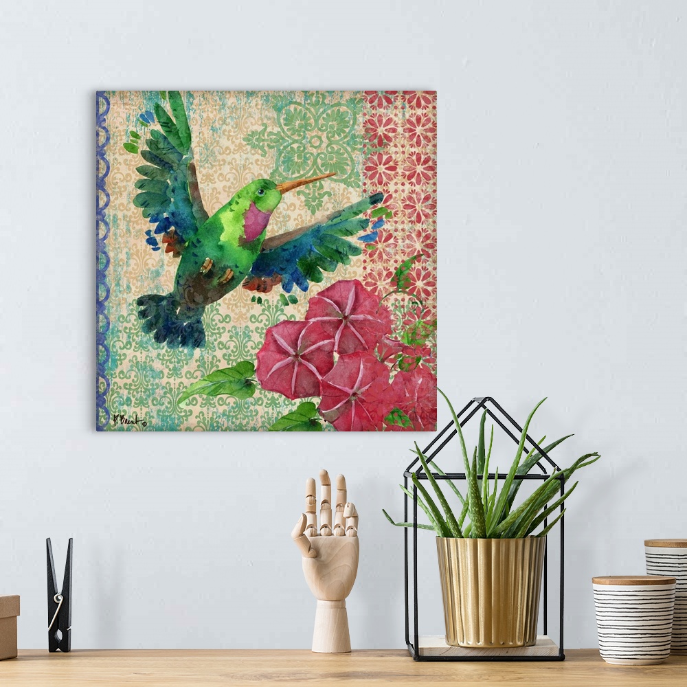A bohemian room featuring Watercolor artwork of a hummingbird with morning glories and vintage patterns.