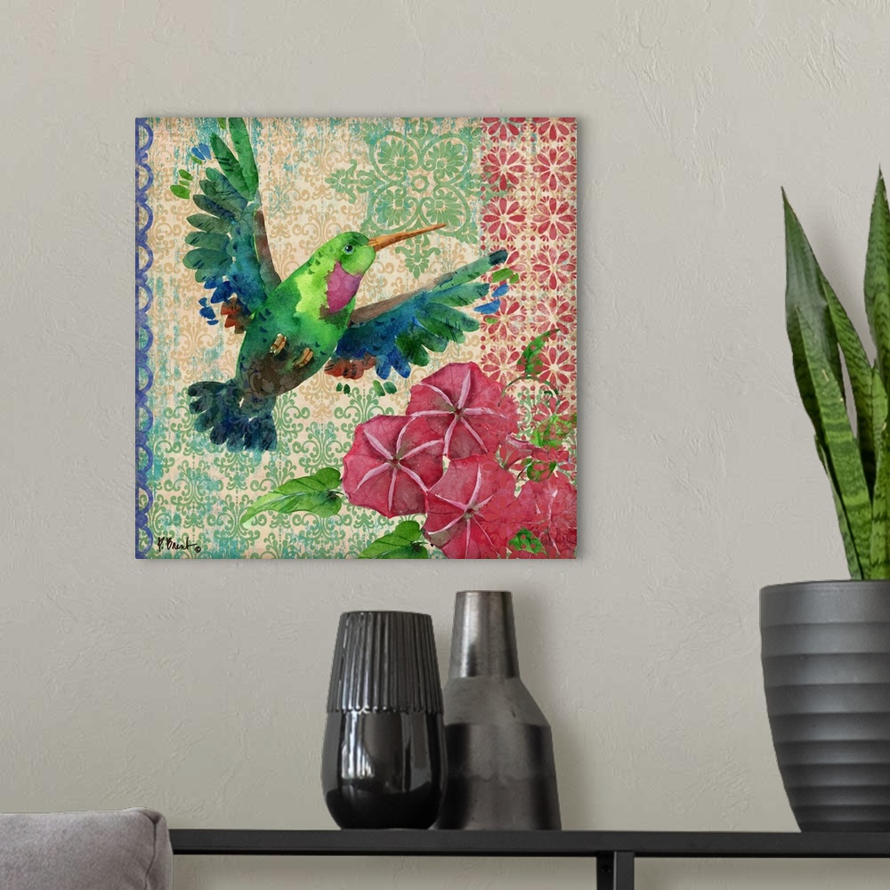 A modern room featuring Watercolor artwork of a hummingbird with morning glories and vintage patterns.