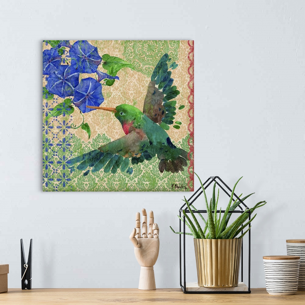 A bohemian room featuring Watercolor artwork of a hummingbird with morning glories and vintage patterns.