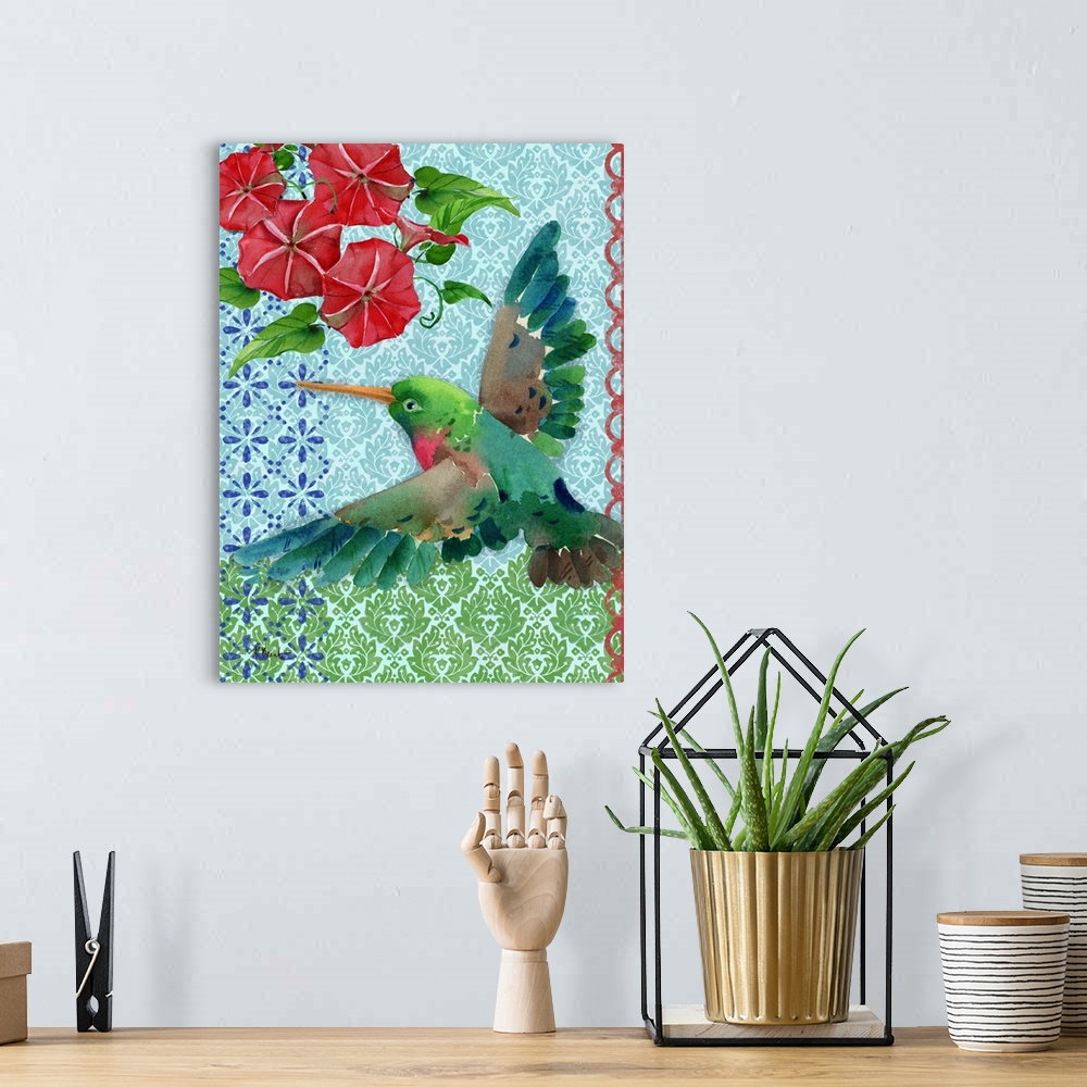 A bohemian room featuring Watercolor painting of a hummingbird in flight with red flowers in the top corner on a blue and g...