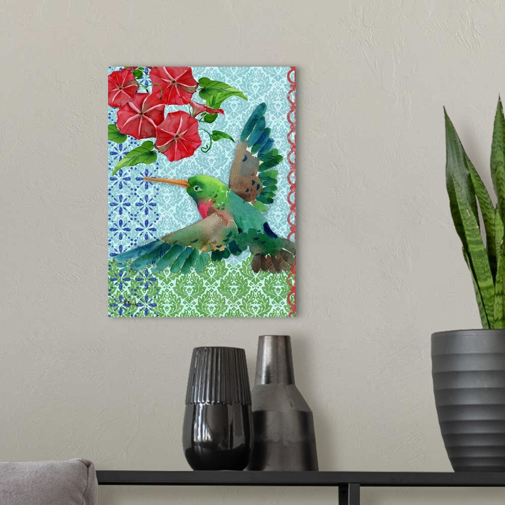 A modern room featuring Watercolor painting of a hummingbird in flight with red flowers in the top corner on a blue and g...