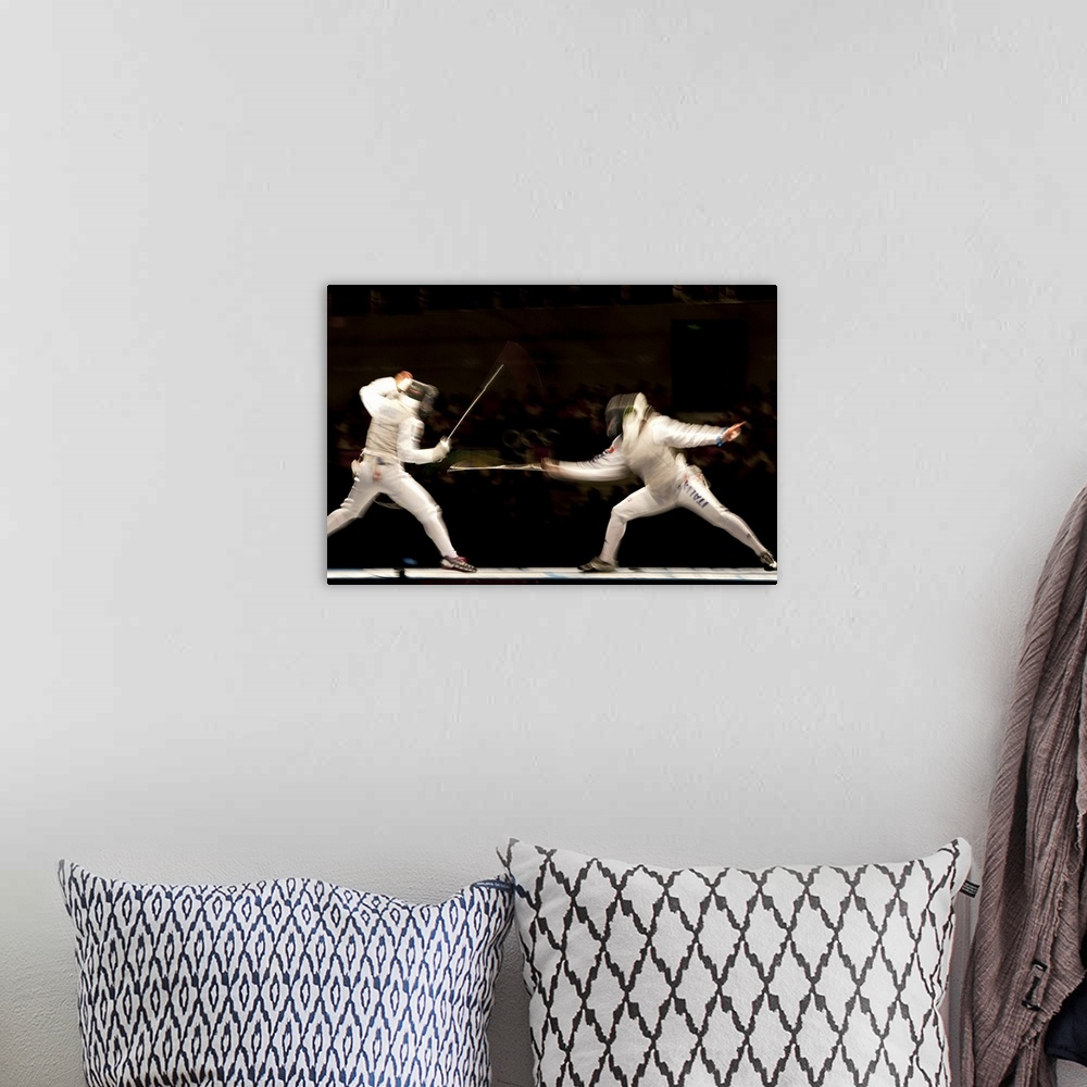 A bohemian room featuring Blurred action of women's fencing competition at the 2008 Olympic Summer Games, Beijing, China