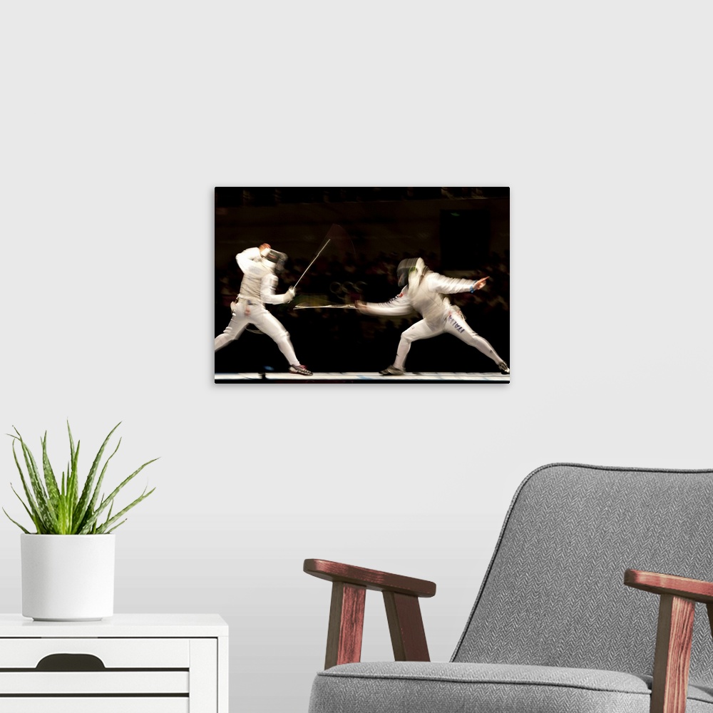 A modern room featuring Blurred action of women's fencing competition at the 2008 Olympic Summer Games, Beijing, China