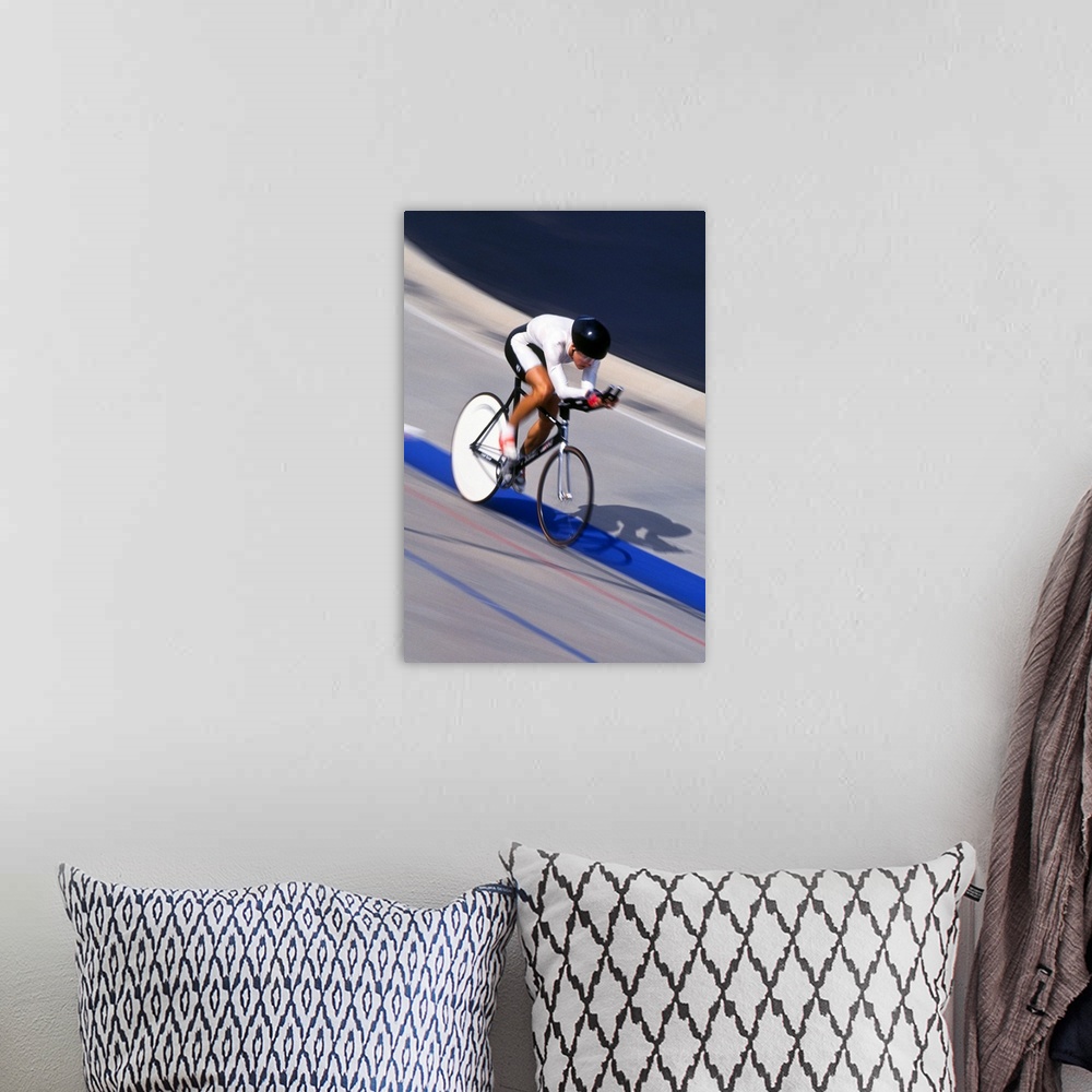 A bohemian room featuring Female cyclist racing on the velodrome track