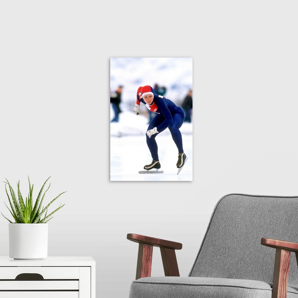 A modern room featuring Female Speed Skater In Action