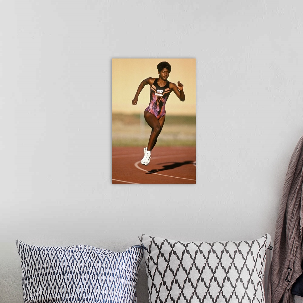 A bohemian room featuring Female track and field athlete in action