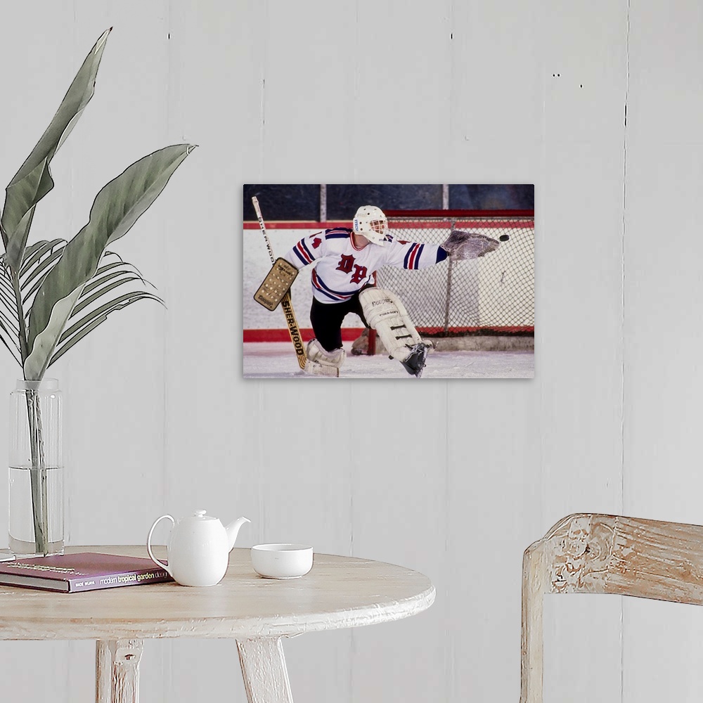 A farmhouse room featuring Ice Hockey goalie in action