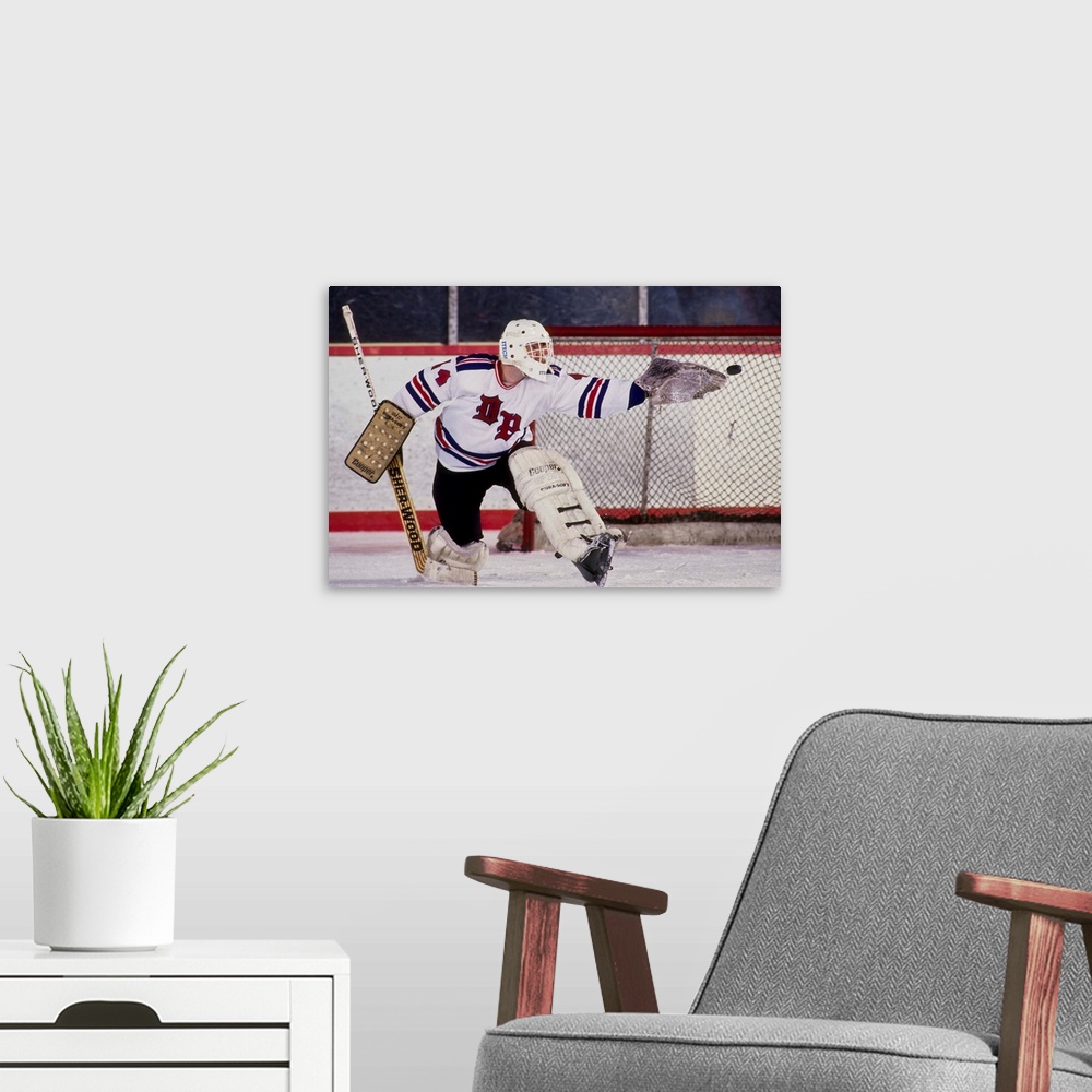 A modern room featuring Ice Hockey goalie in action
