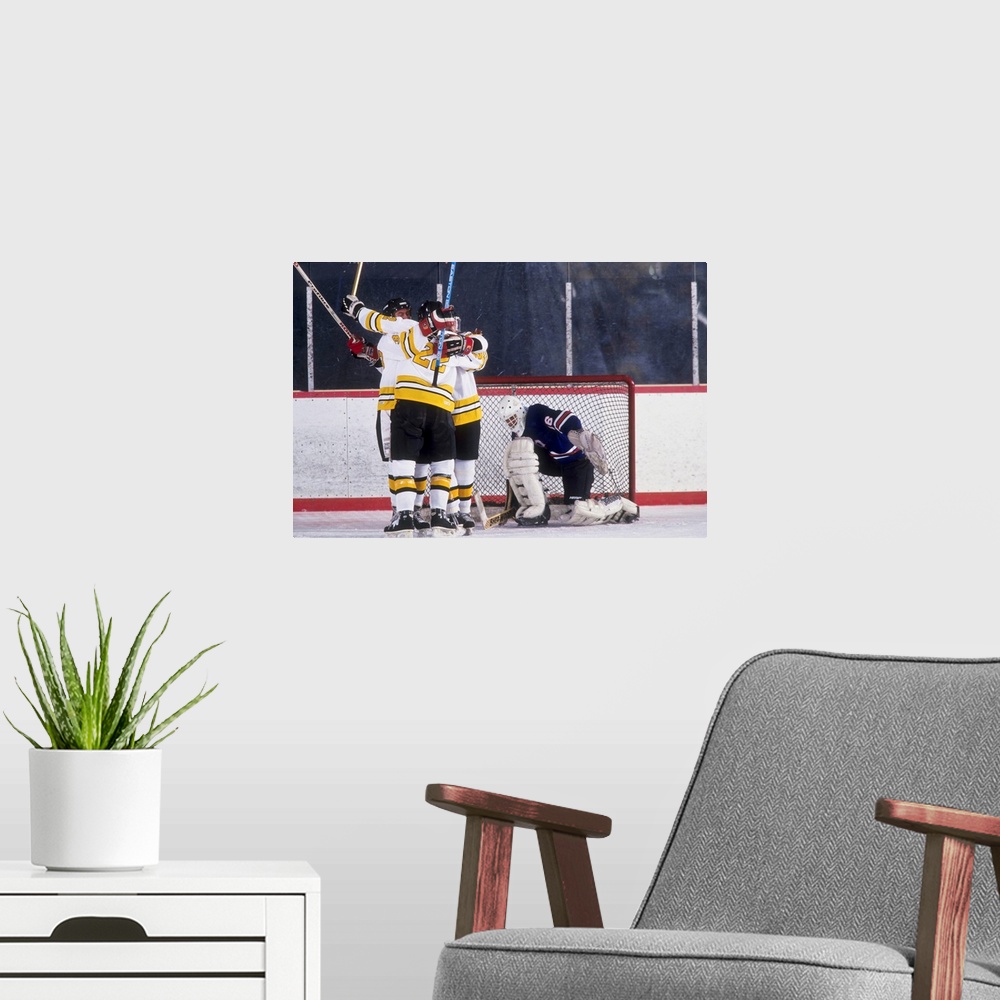 A modern room featuring Ice hockey players celebrate a goal