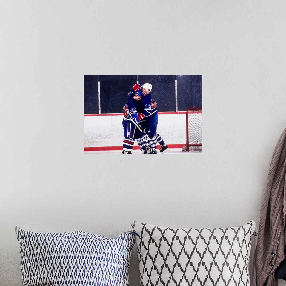 A bohemian room featuring Ice hockey players celebrate a goal