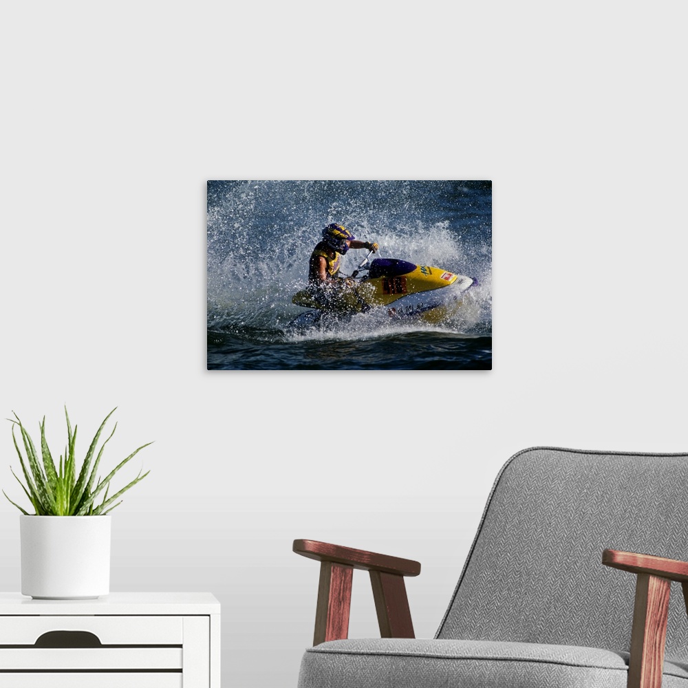 A modern room featuring Jet skier in action