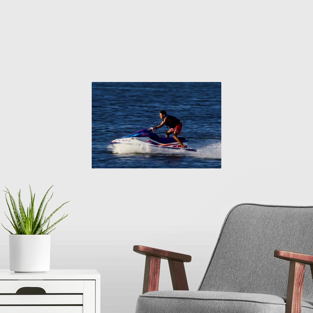 A modern room featuring Jet skier in action