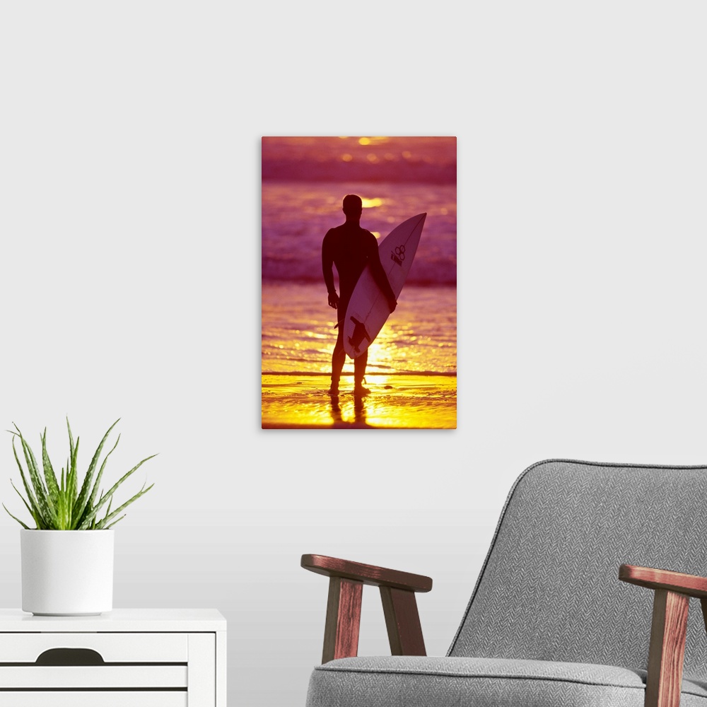A modern room featuring Male surfer on a beach in San Diego, CA