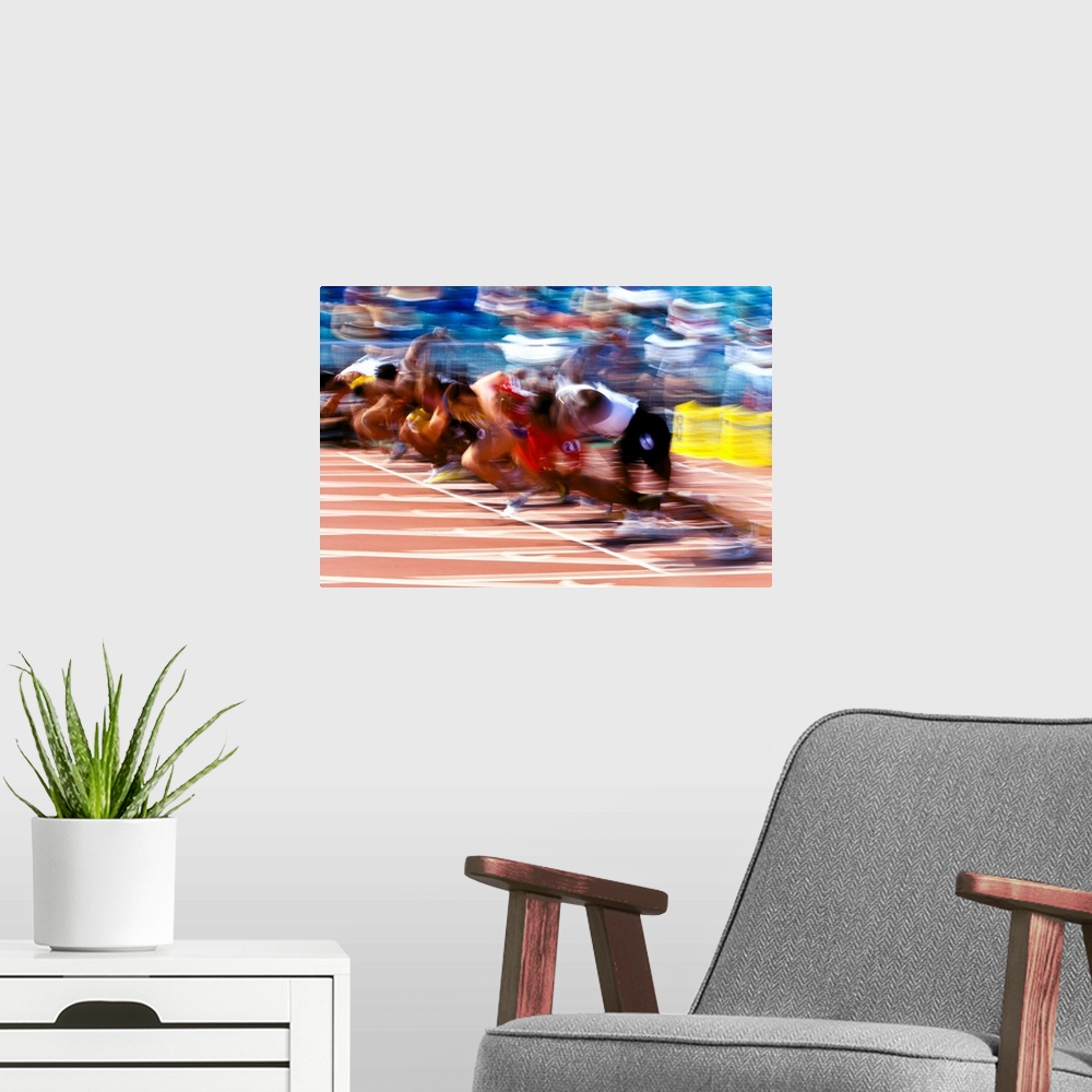 A modern room featuring Start of track and field 100 meters sprint start